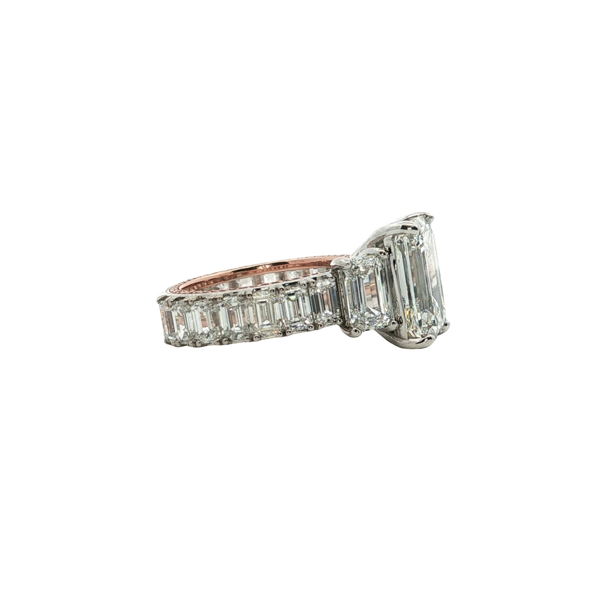 LAB GROWN EMERALD AND ROUND DIAMONDS 14.30ctw THREE STONE RING