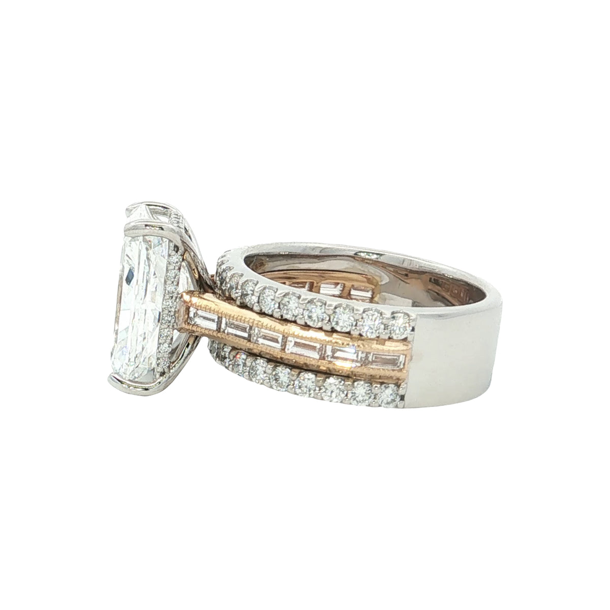 LAB GROWN RADIANT, ROUND & BAGUETTE DIAMONDS 6.53ctw THREE ROW RING