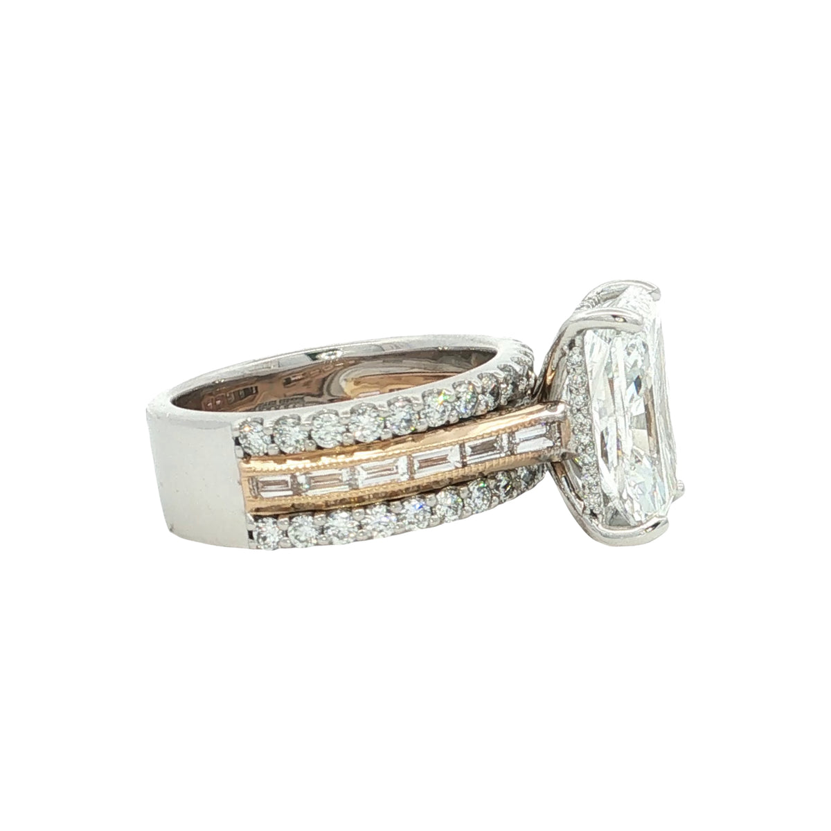 LAB GROWN RADIANT, ROUND & BAGUETTE DIAMONDS 6.53ctw THREE ROW RING