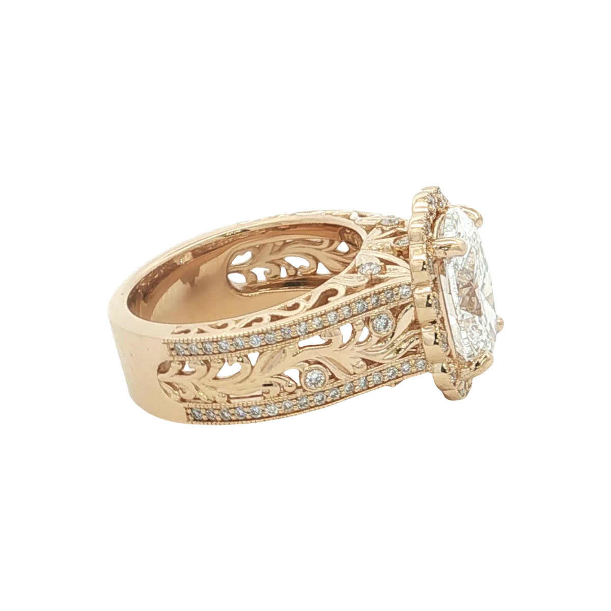 LAB GROWN OVAL AND ROUND DIAMONDS 4.02ctw ENGRAVED HALO RING
