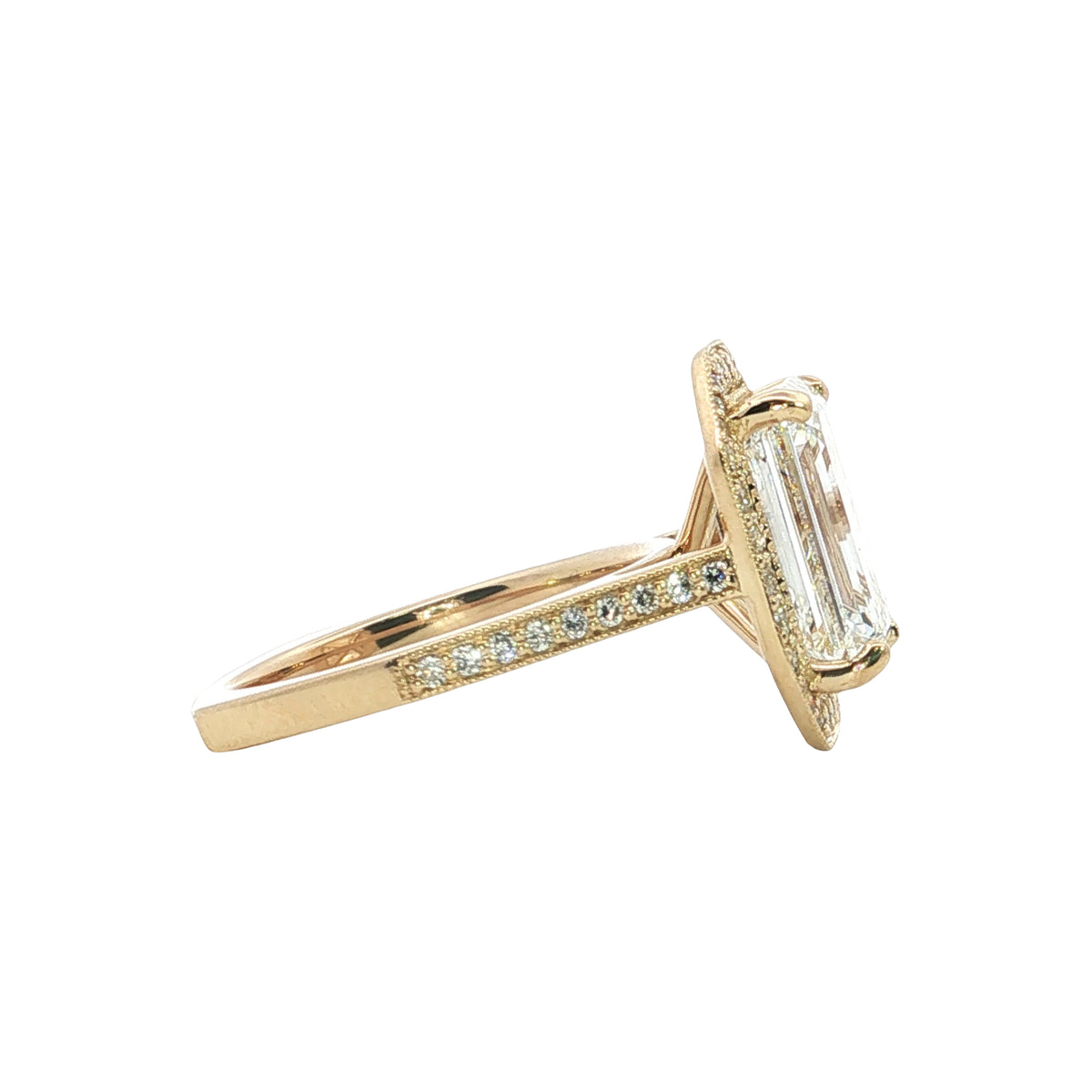 LAB GROWN EMERALD & ROUND DIAMONDS 5.11ctw MILGRAIN PAVE HALO RING