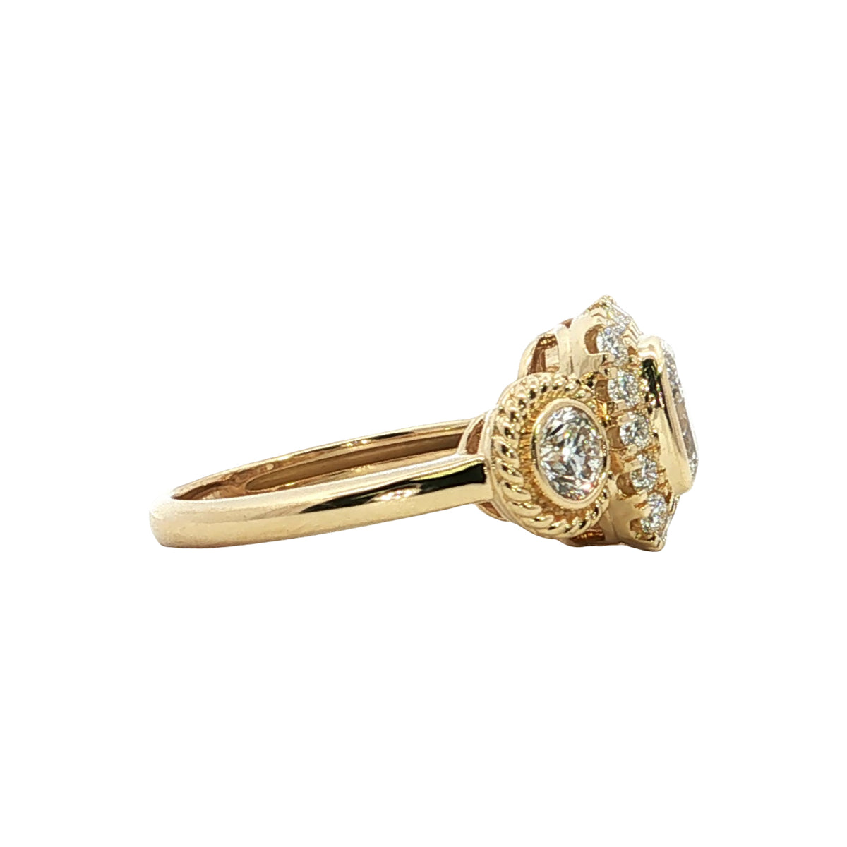 LAB GROWN CUSHION AND ROUND DIAMONDS 2ctw THREE STONE HALO RING