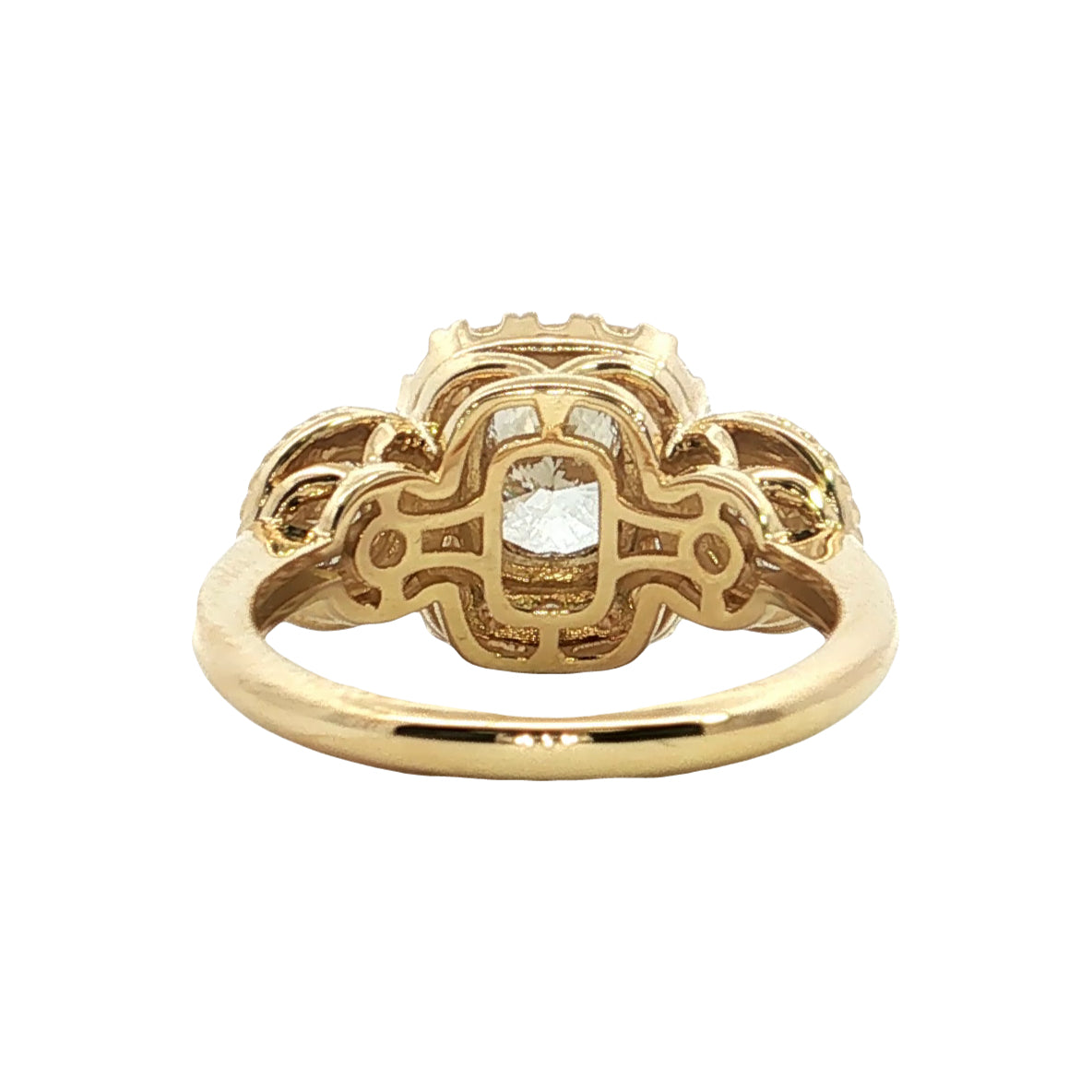 LAB GROWN CUSHION AND ROUND DIAMONDS 2ctw THREE STONE HALO RING