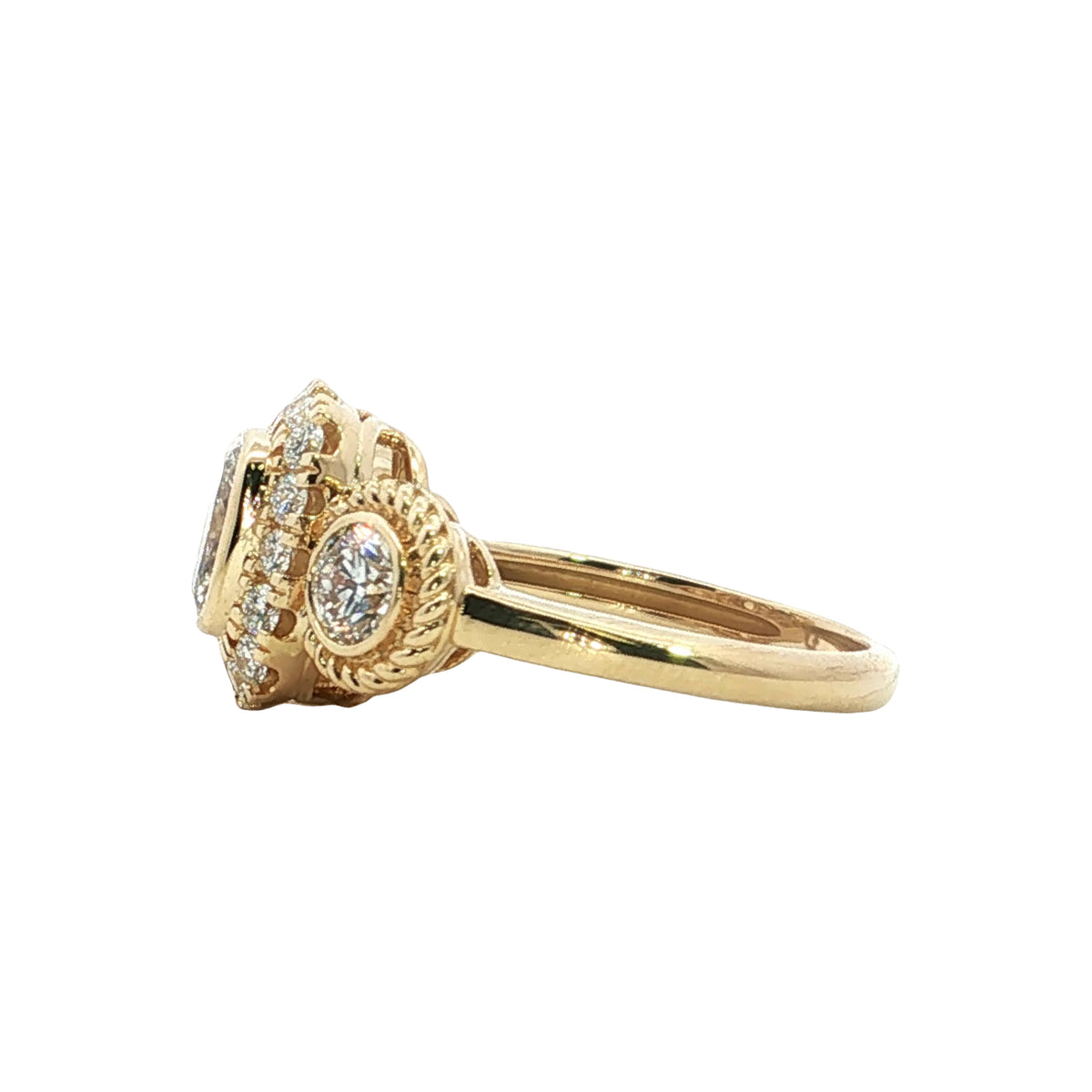 LAB GROWN CUSHION AND ROUND DIAMONDS 2ctw THREE STONE HALO RING