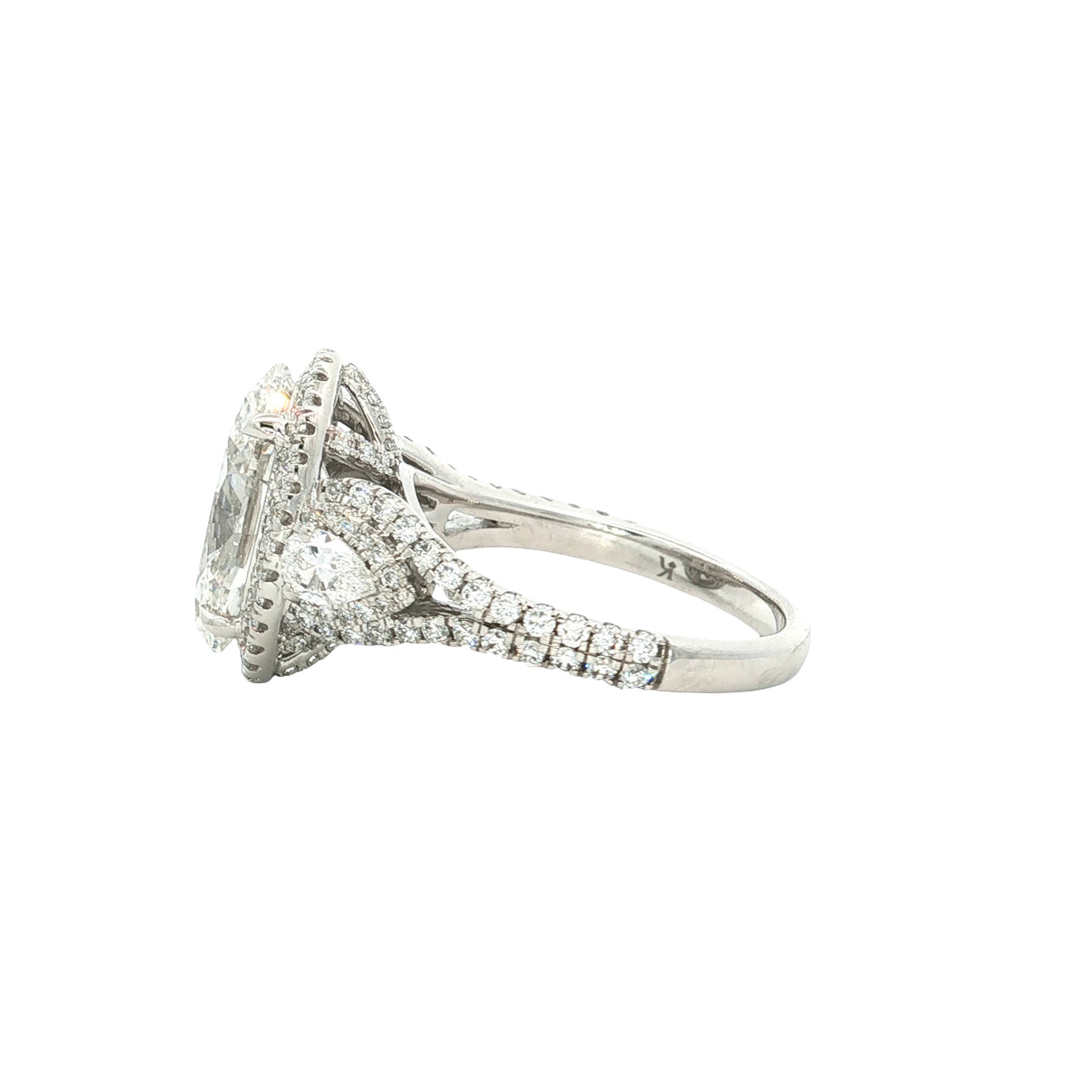 LAB GROWN OVAL, PEAR AND ROUND DIAMONDS 6 1/4ctw HALO RING