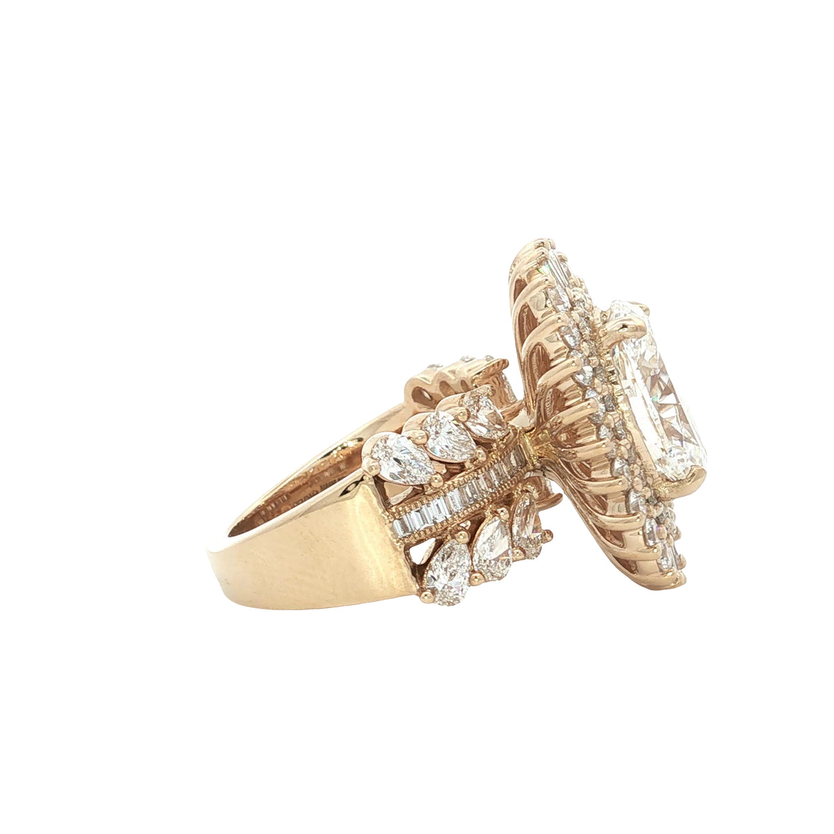 LAB GROWN OVAL, BAGUETTE, PEAR AND ROUND DIAMONDS 7.81ctw HALO RING