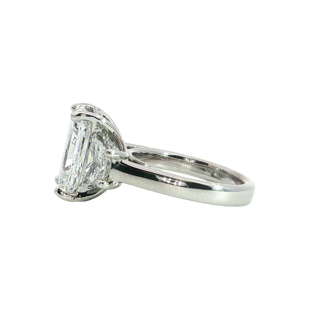 LAB GROWN RADIANT AND TRAPEZOID DIAMONDS 6.70ctw THREE STONE RING