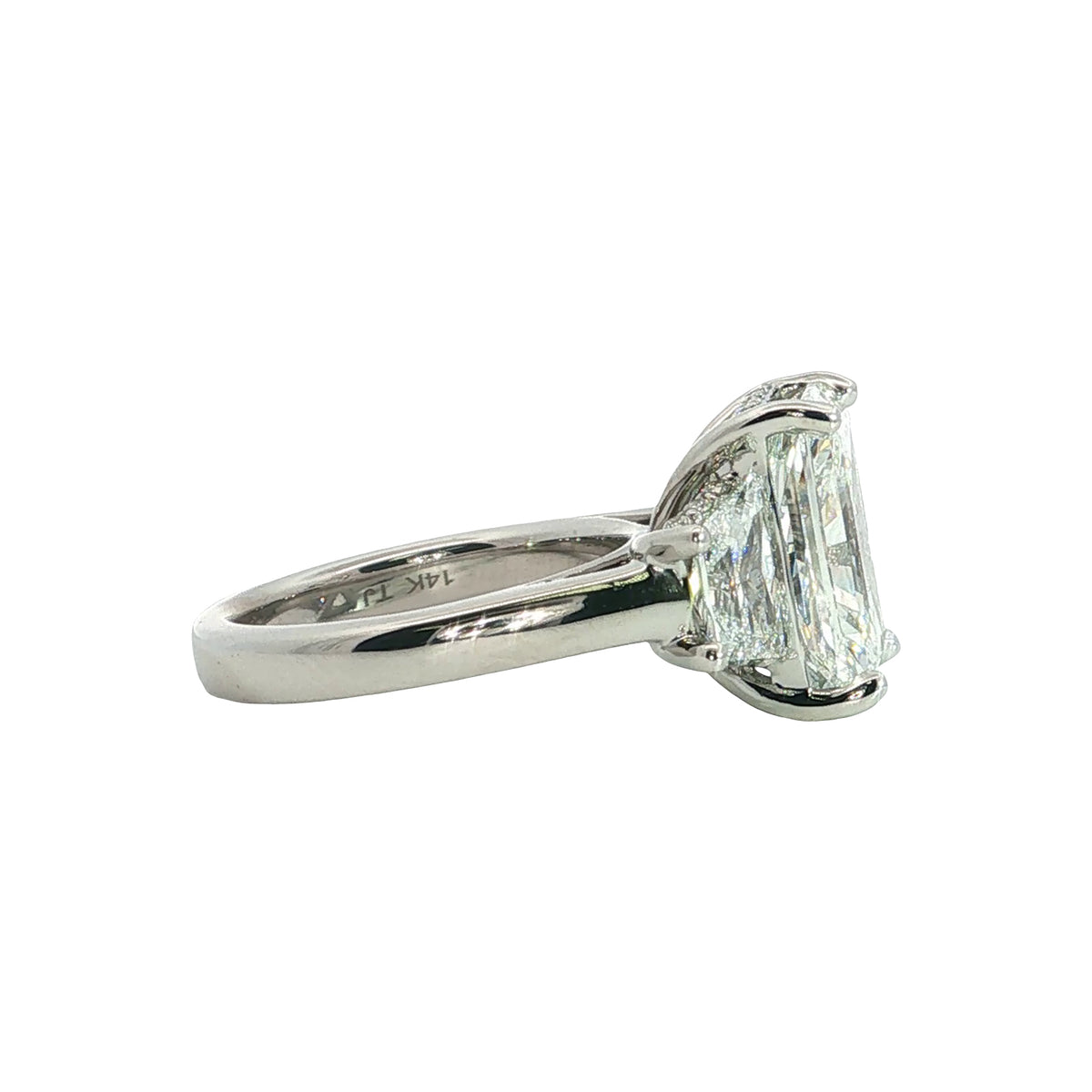 LAB GROWN RADIANT AND TRAPEZOID DIAMONDS 6.70ctw THREE STONE RING