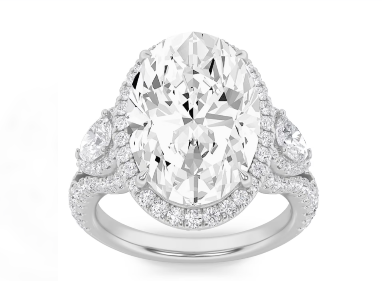 LAB GROWN OVAL, PEAR AND ROUND DIAMONDS 6 1/4ctw THREE STONE HALO RING