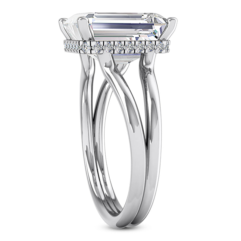 EMERALD CUT CENTER FLOATING DIAMOND UNDERHALO SPLIT RING