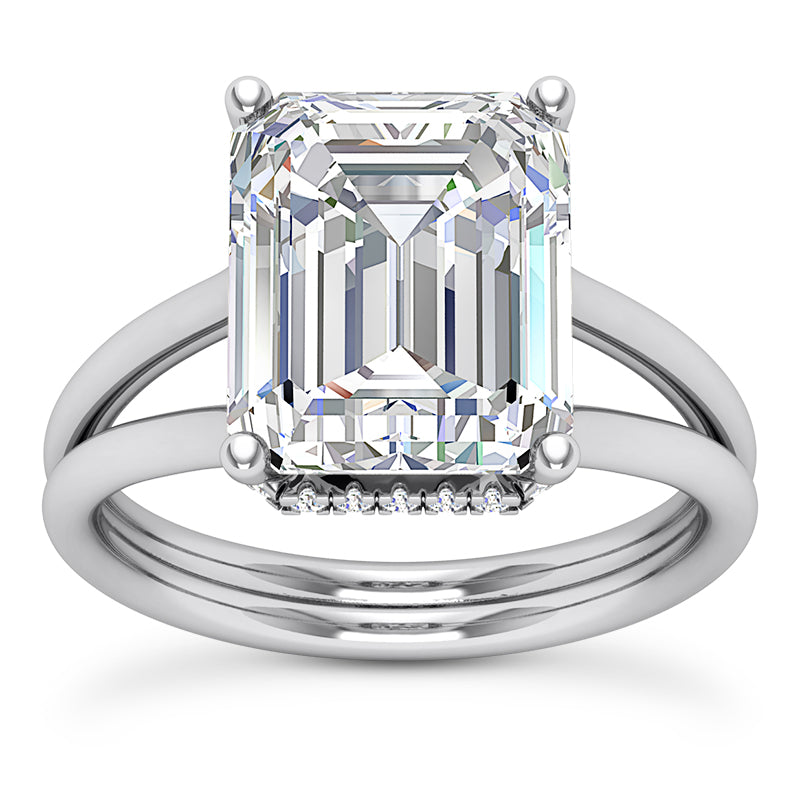 EMERALD CUT CENTER FLOATING DIAMOND UNDERHALO SPLIT RING