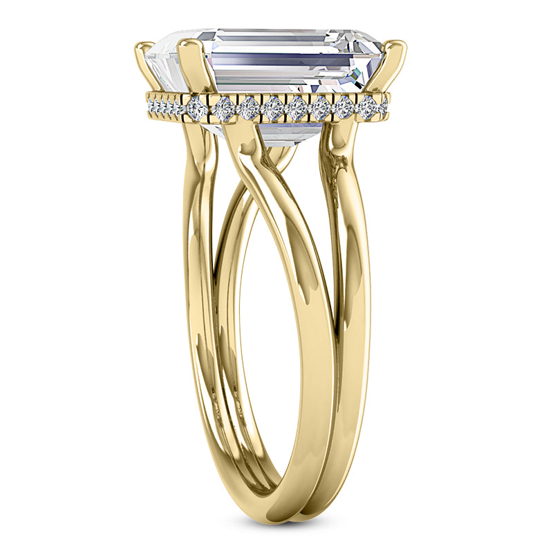 EMERALD CUT CENTER FLOATING DIAMOND UNDERHALO SPLIT RING