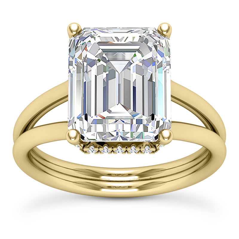 EMERALD CUT CENTER FLOATING DIAMOND UNDERHALO SPLIT RING