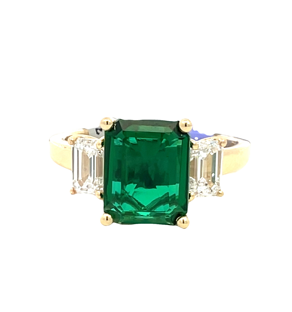 LAB GROWN EMERALD CUT GREEN EMERALD AND DIAMOND 3.20ctw THREE STONE RING