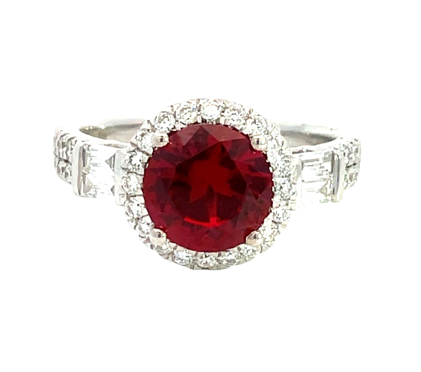 LAB GROWN ROUND RUBY, ROUND & BAGUETTE DIAMONDS 2 1/2ctw HALO RING