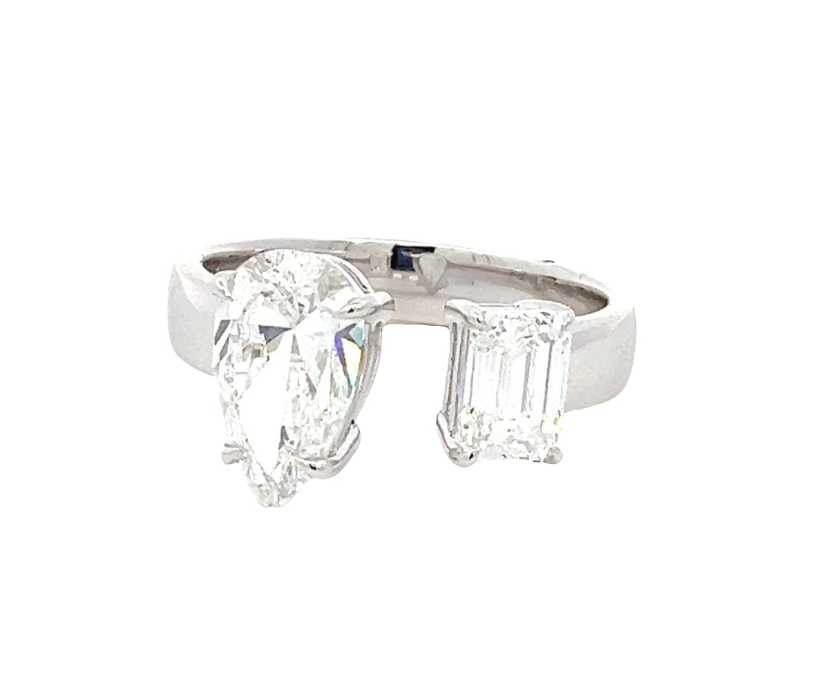LAB GROWN PEAR AND EMERALD CUT DIAMONDS 2ctw TWO STONE RING