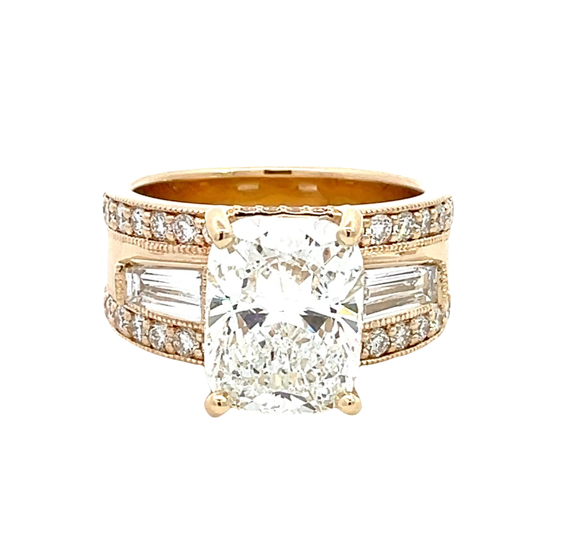 LAB GROWN CUSHION, BAGUETTE, &amp; ROUND DIAMONDS 5.62ctw THREE STONE RING