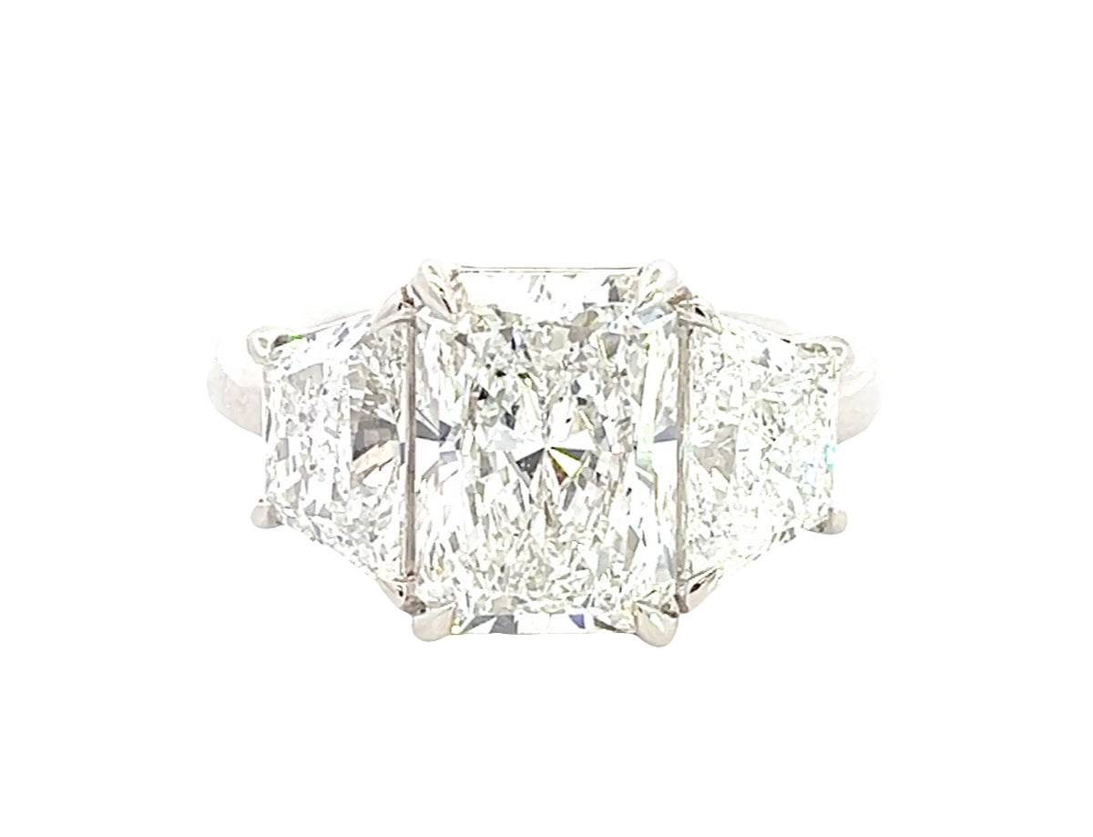 LAB GROWN RADIANT AND TRAPEZOID DIAMONDS 5.10ctw THREE STONE RING