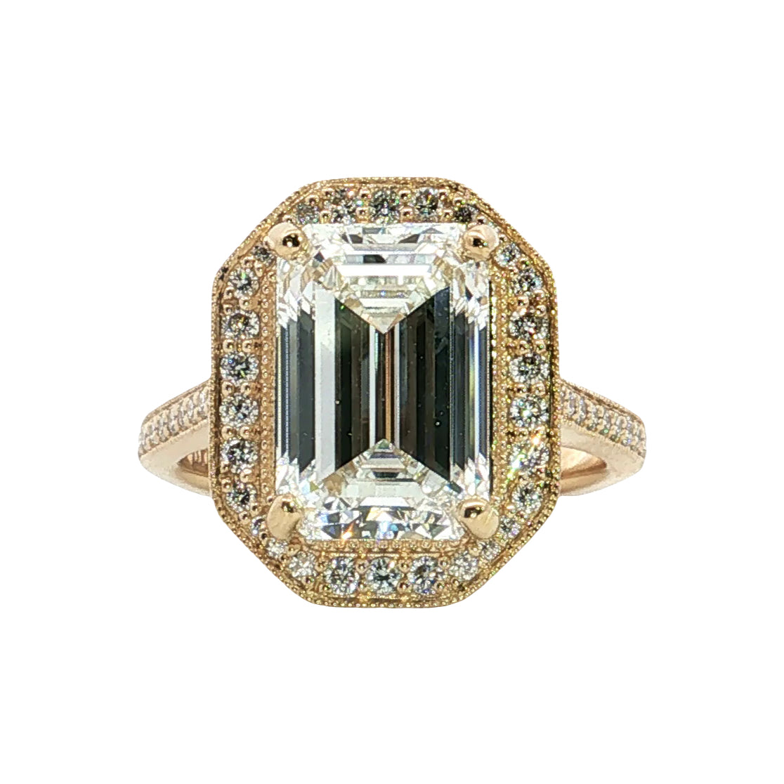 LAB GROWN EMERALD & ROUND DIAMONDS 5.11ctw MILGRAIN PAVE HALO RING