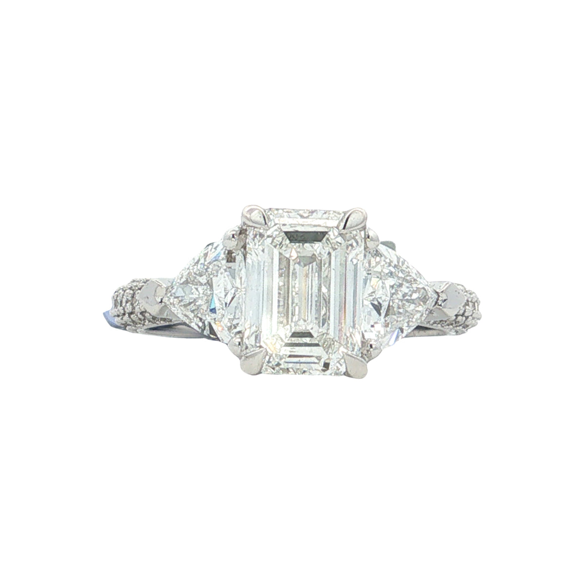LAB GROWN EMERALD, TRILLION AND ROUND DIAMONDS 3 1/2ctw THREE STONE RING