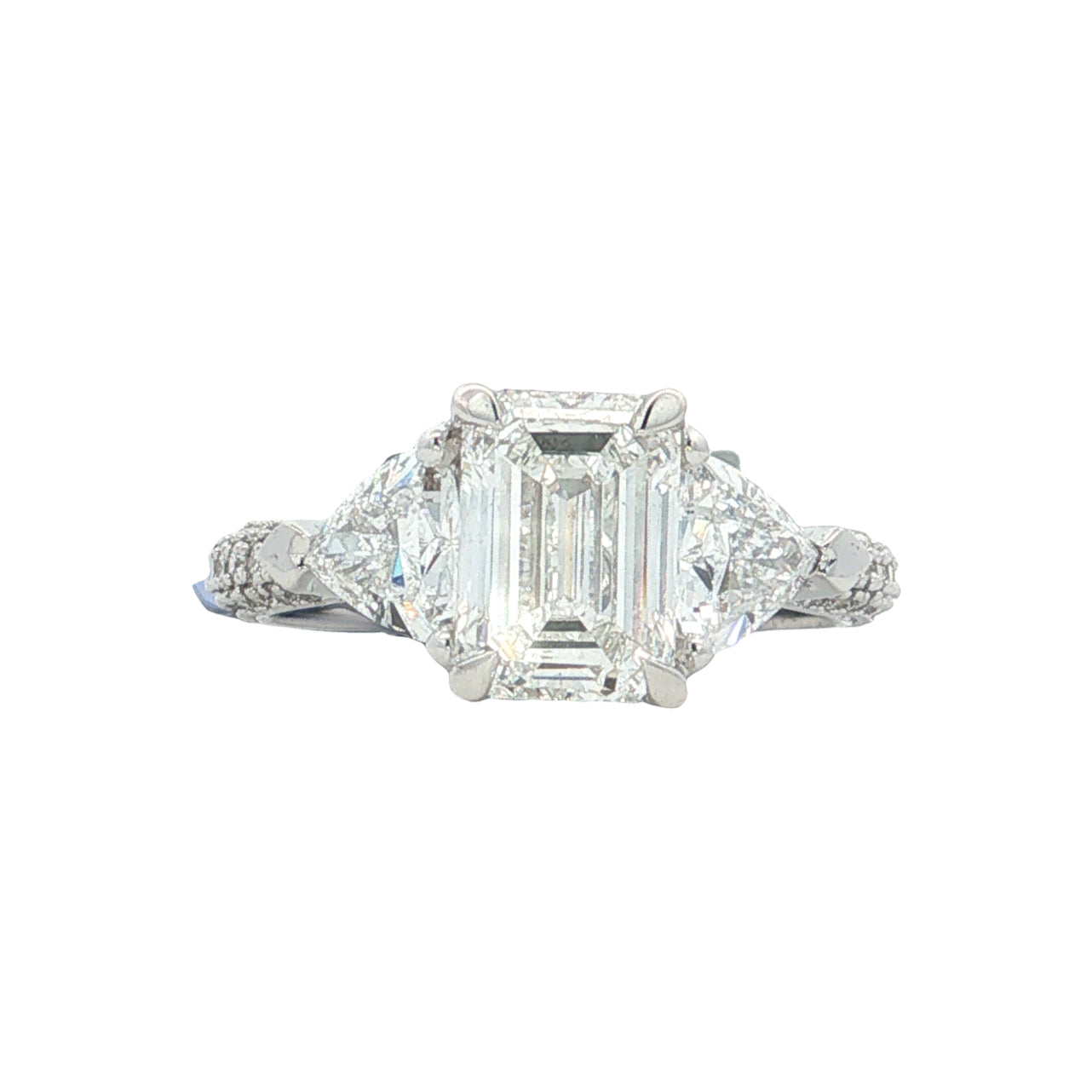 LAB GROWN EMERALD, TRILLION AND ROUND DIAMONDS 3 1/2ctw THREE STONE RING