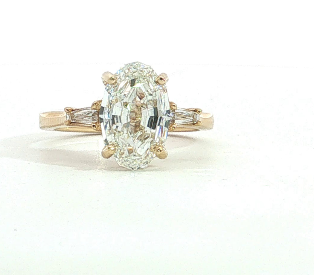 LAB GROWN STEP CUT OVAL AND BAGUETTE DIAMONDS 3.44ctw THREE STONE RING