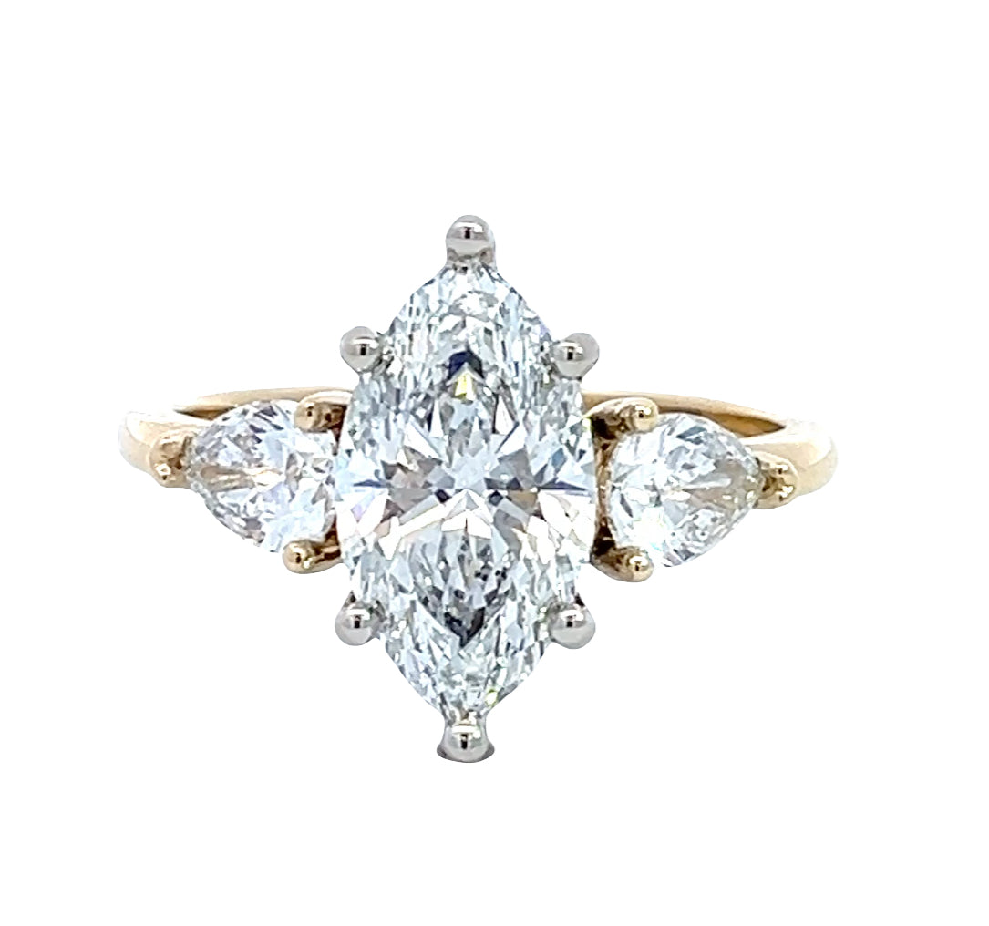 LAB GROWN MARQUISE AND PEAR DIAMONDS 2.84ctw THREE STONE RING