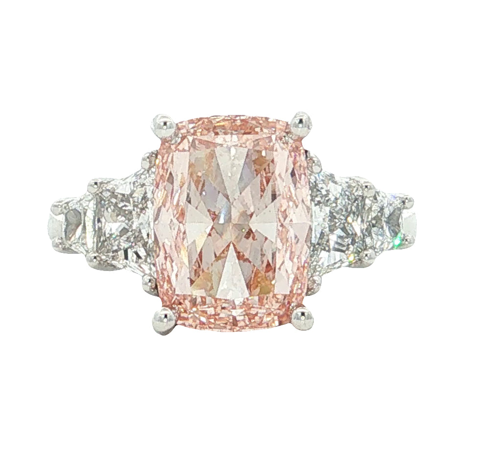 LAB GROWN FANCY PINK CUSHION AND TRAPEZOID DIAMONDS 5.34ctw RING