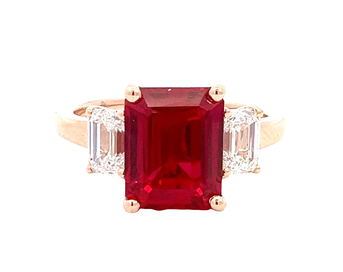 LAB GROWN RUBY & EMERALD CUT DIAMONDS 5.8ctw THREE STONE RING