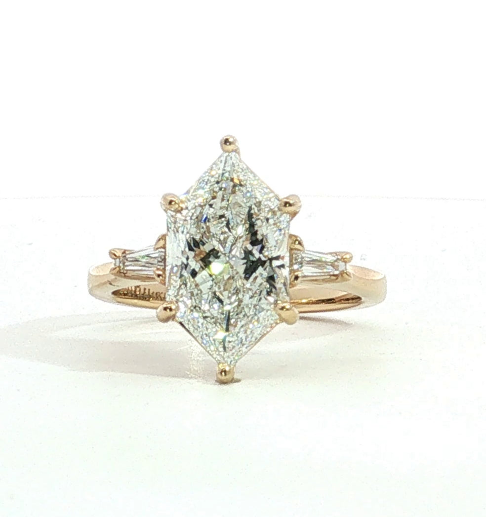 LAB GROWN DUTCH MARQUISE AND BAGUETTE DIAMONDS 3.45ctw THREE STONE RING