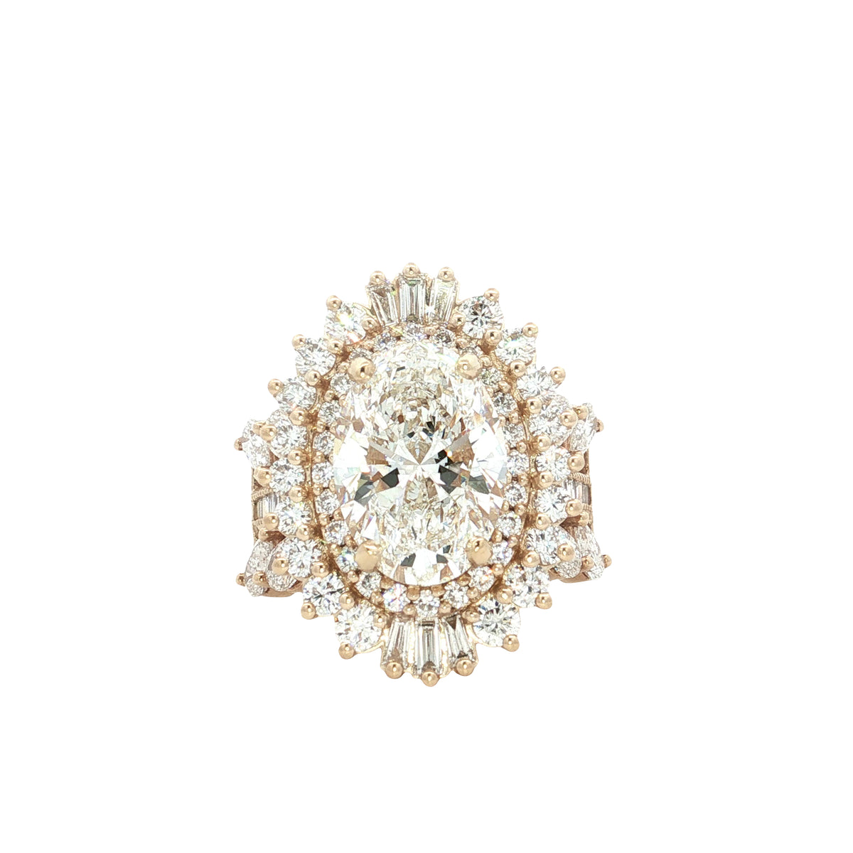 LAB GROWN OVAL, BAGUETTE, PEAR AND ROUND DIAMONDS 7.81ctw HALO RING