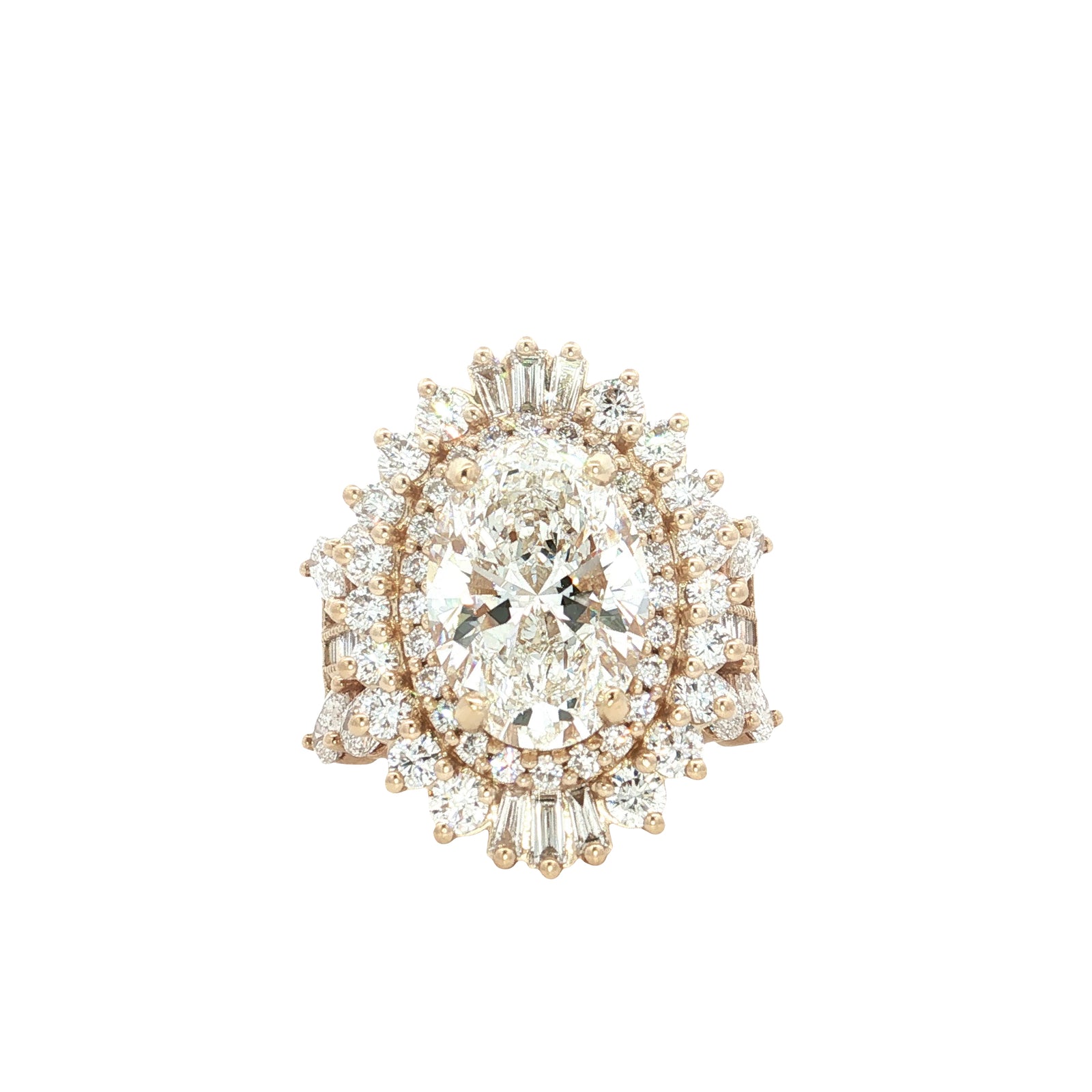 LAB GROWN OVAL, BAGUETTE, PEAR AND ROUND DIAMONDS 7.81ctw HALO RING