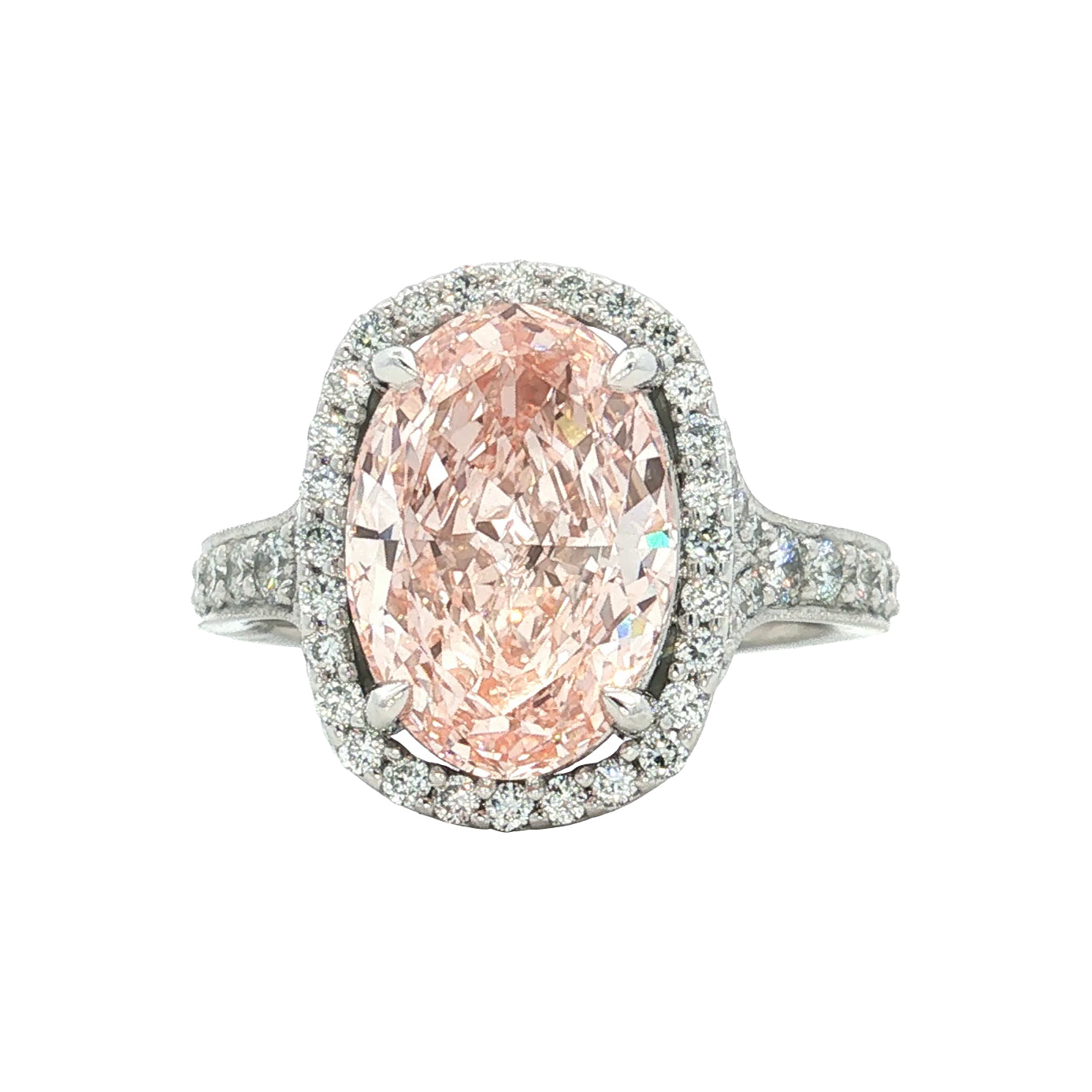 LAB GROWN FANCY PINK OVAL DIAMOND 4.79ctw PRONG SET HALO RING