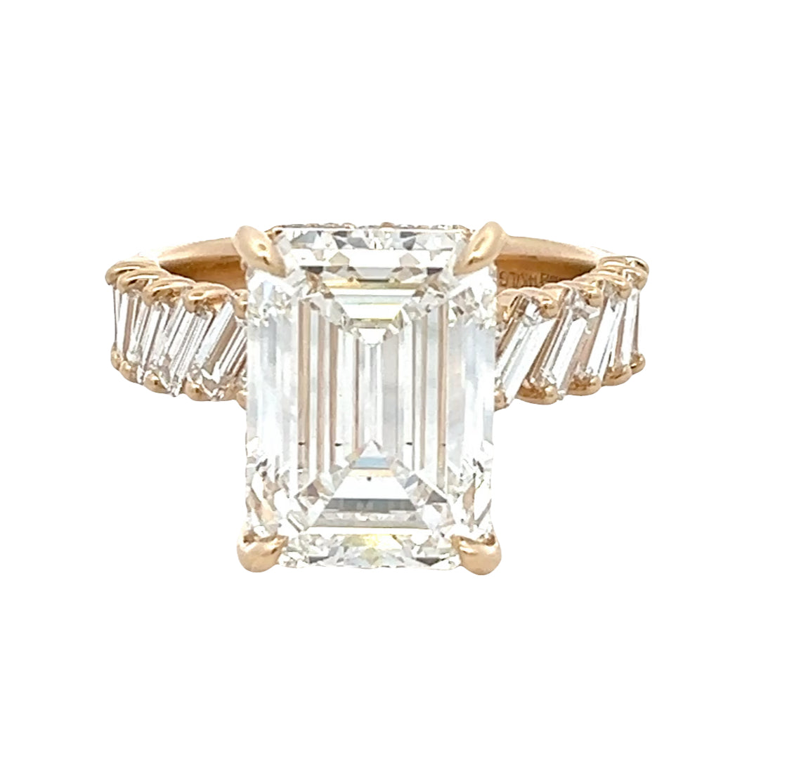 LAB GROWN EMERALD AND BAGUETTE DIAMONDS 7.33ctw ANGLED PRONG SET RING