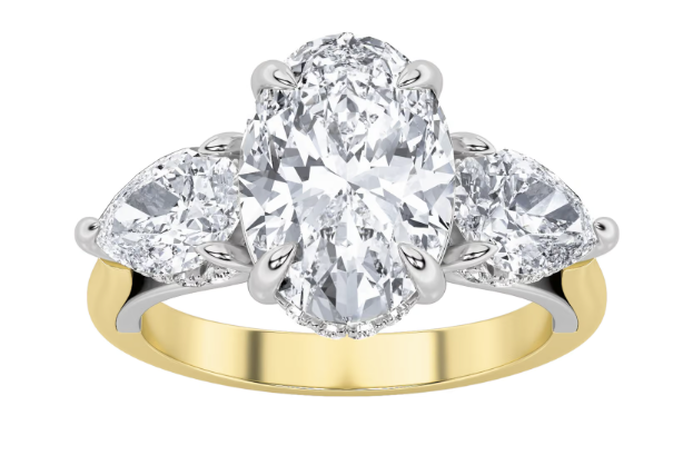 LAB GROWN OVAL AND PEAR DIAMONDS 4ctw THREE STONE RING