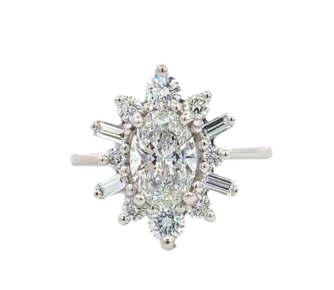 LAB GROWN OVAL, BAGUETTE, &amp; ROUND DIAMONDS 1.95ctw HALO STYLE RING