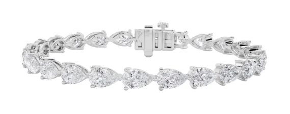 Lab-grown pear-shaped diamond tennis bracelet in 14KT white gold, featuring F–G color, VS clarity diamonds.