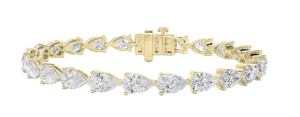 Lab-grown pear-shaped diamond tennis bracelet in 14KT yellow gold, featuring F–G color, VS clarity diamonds.