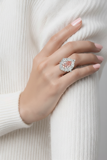LAB GROWN FANCY PINK PEAR DIAMOND 4 1/2ctw CUSTOM HALO RING